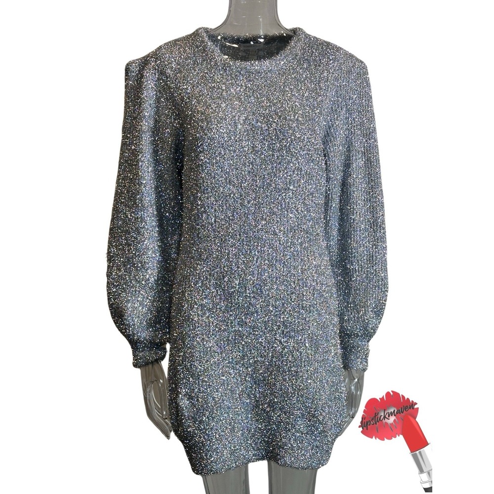Ronny Kobo Dress Women Medium Large Silver Tinsel Sparkly Party Mini Long Sleeve